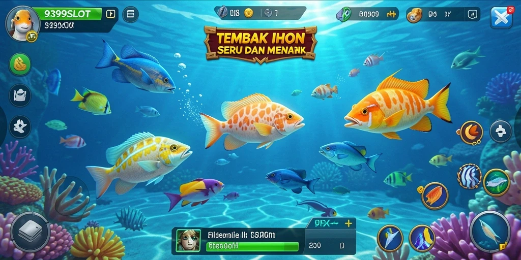 Screenshot gameplay seru dari 9399SLOT yang menggambarkan aksi menembak ikan.
