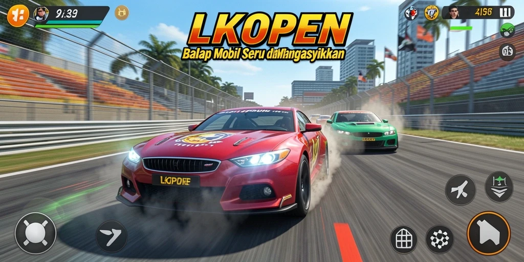 Gameplay seru LKOPEN dengan mobil balap yang cepat dan trek menantang.