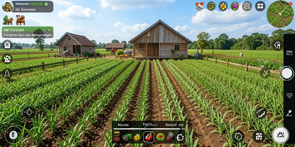 Tampilan gameplay menarik dalam pertanian MPO2121 dengan berbagai tanaman.