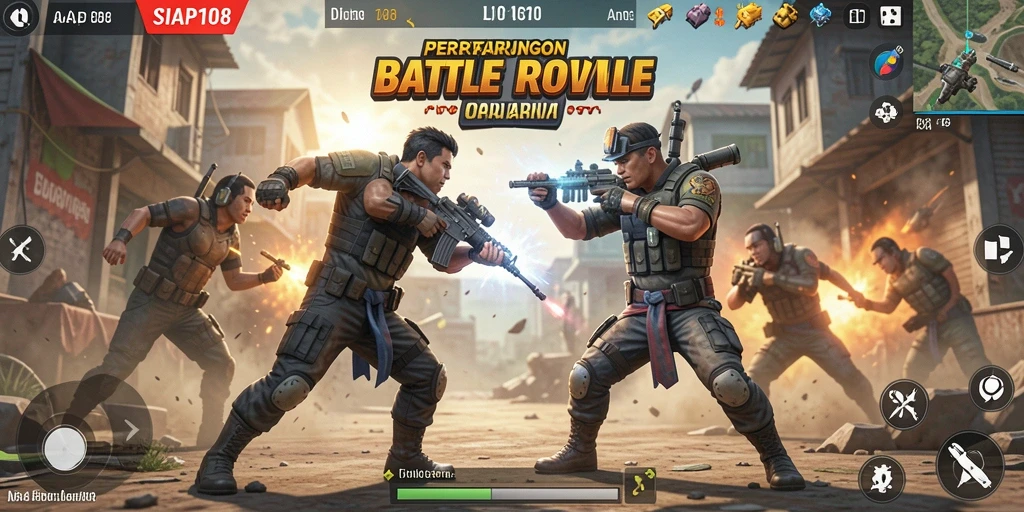 Screenshot utama SIAP108 menampilkan aksi seru di arena Battle Royale.